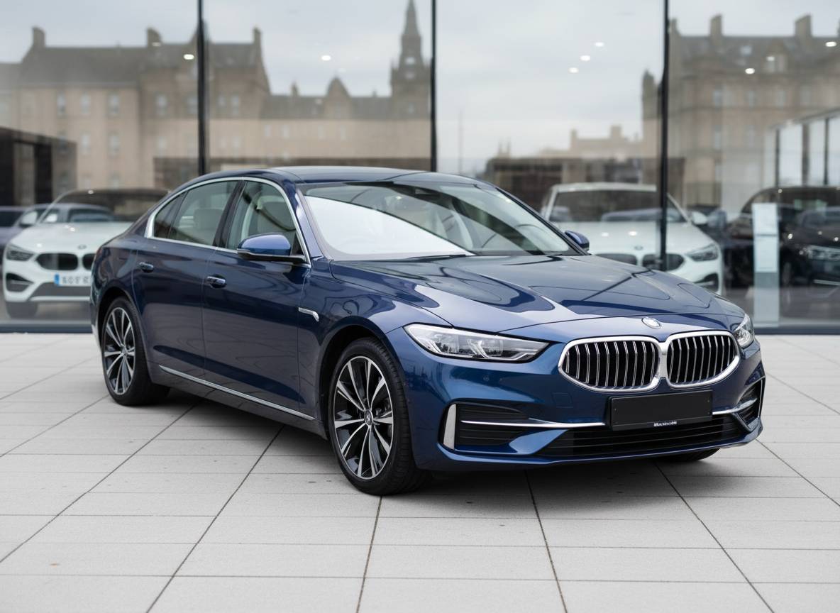 A gleaming dark blue executive saloon car parked at the front of a modern vehicle dealership, its polished bodywork reflecting a bright but slightly overcast Edinburgh sky. The car sits on clean, light-grey paving, with a glass-fronted showroom behind showing a subtle blur of other vehicles inside. Soft natural daylight creates crisp highlights along the bonnet and roofline, with gentle, realistic shadows under the vehicle. Photographic realism, shot at eye level from a three-quarter front angle, with shallow depth of field keeping the car in sharp focus. The mood is professional and trustworthy, ideal for a homepage hero image for a new and used car sales business.