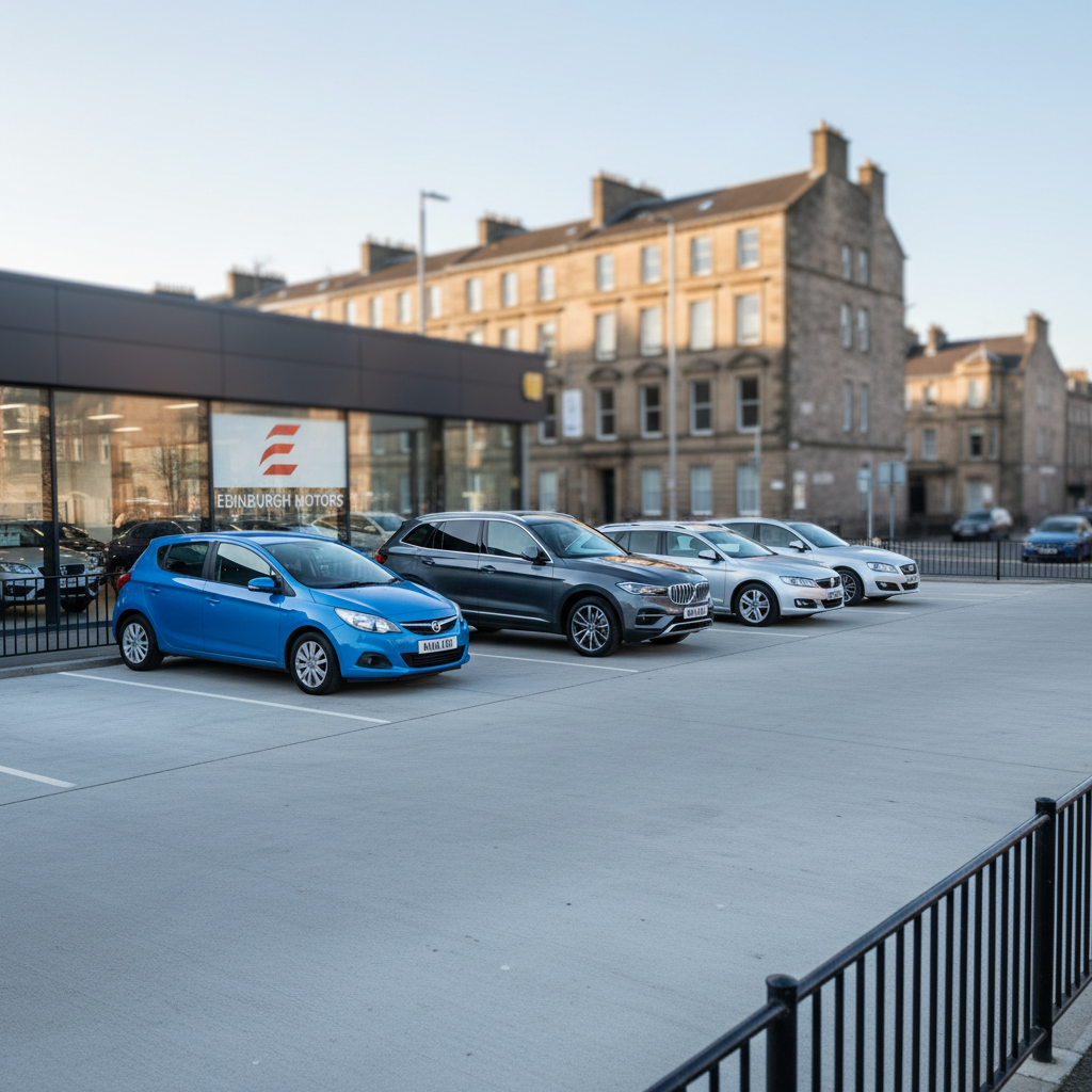 A row of mixed new and used vehicles, including a compact hatchback, a mid-size SUV, and a practical family estate, neatly lined up outside a well-kept Edinburgh car dealership. The forecourt is clean and spacious, bordered by low metal railings and a glimpse of traditional stone buildings in soft focus beyond. Late afternoon natural light provides a neutral, balanced illumination with soft shadows, giving clarity to paint colours and body lines. Photographic realism, captured from a slightly elevated wide-angle perspective to show choice and scale, with an organised, calm, professional atmosphere suitable for a car sales inventory overview.