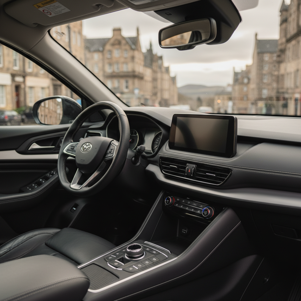 A close-up, detailed interior shot of a nearly-new vehicle showcasing a clean, modern dashboard with a central touchscreen, soft-touch black and dark grey materials, and precise stitching on the steering wheel and seats. The car is parked on a quiet Edinburgh street near the dealership, with the exterior cityscape rendered as a soft bokeh through the side window. Natural daylight from the windscreen and side windows provides soft, diffused illumination across the controls and textures. Photographic realism, captured from the front passenger side toward the driver’s area, with shallow depth of field for an intimate, professional feel that highlights quality and care in used vehicles.