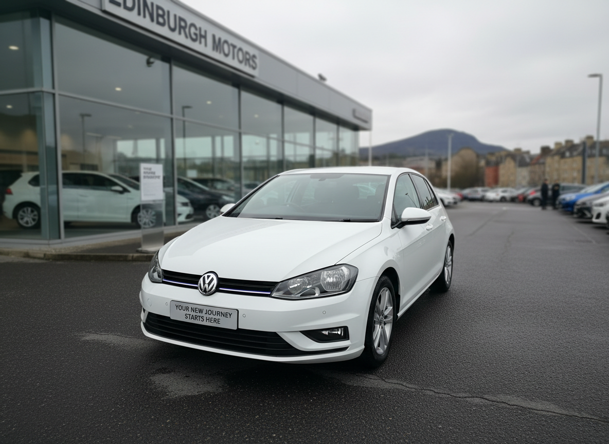 An orderly outdoor service and handover area at a professional car dealership in Edinburgh, with a freshly valeted white hatchback positioned in the foreground on clean tarmac. Behind it, a subtle blur of the dealership building and other cars suggests an active, well-run site. Overcast daylight gives soft, shadow-free lighting that emphasises the car’s cleanliness and bright finish. Photographic realism, framed using the rule of thirds from a low, slightly angled perspective to make the vehicle feel approachable and ready to drive away. The mood is reassuring and practical, supporting a lead-generation focus for customers arranging visits and test drives.