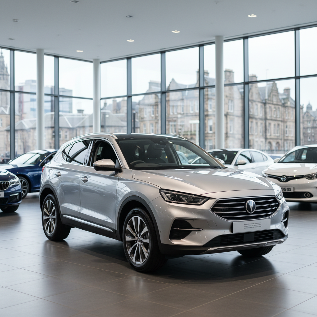The interior of a bright, modern car showroom featuring a metallic silver crossover SUV positioned prominently on a spotless tiled floor. Large floor-to-ceiling windows reveal a hint of Edinburgh’s architecture outside in soft blur, while additional vehicles sit tastefully spaced in the background. Cool, even overhead lighting combines with diffused daylight to highlight the car’s contours and glossy finish without harsh reflections. Photographic realism, shot from an eye-level three-quarter angle with moderate depth of field so the main vehicle is sharp and background softly defined. The atmosphere feels welcoming, organised, and professional, ideal for conveying a premium buying experience.