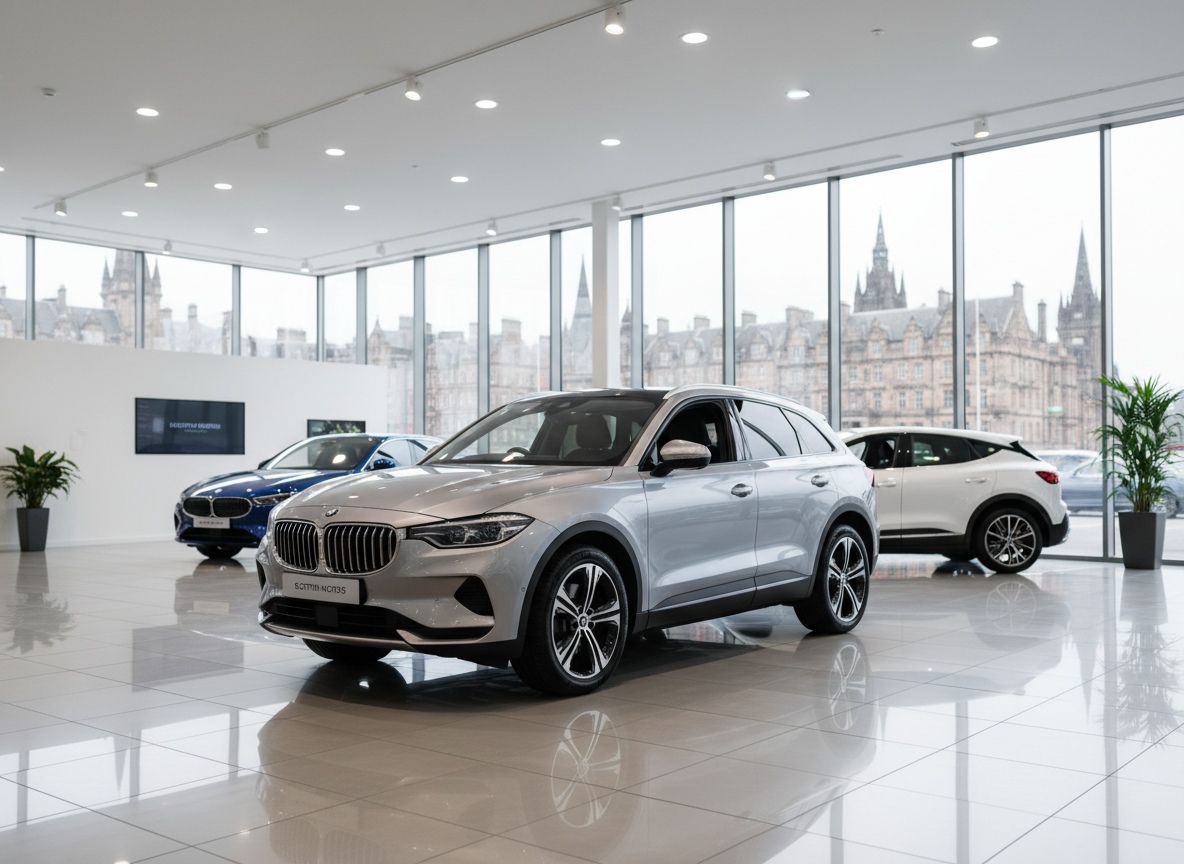 The interior of a bright, modern car showroom featuring a metallic silver crossover SUV positioned prominently on a spotless tiled floor. Large floor-to-ceiling windows reveal a hint of Edinburgh’s architecture outside in soft blur, while additional vehicles sit tastefully spaced in the background. Cool, even overhead lighting combines with diffused daylight to highlight the car’s contours and glossy finish without harsh reflections. Photographic realism, shot from an eye-level three-quarter angle with moderate depth of field so the main vehicle is sharp and background softly defined. The atmosphere feels welcoming, organised, and professional, ideal for conveying a premium buying experience.