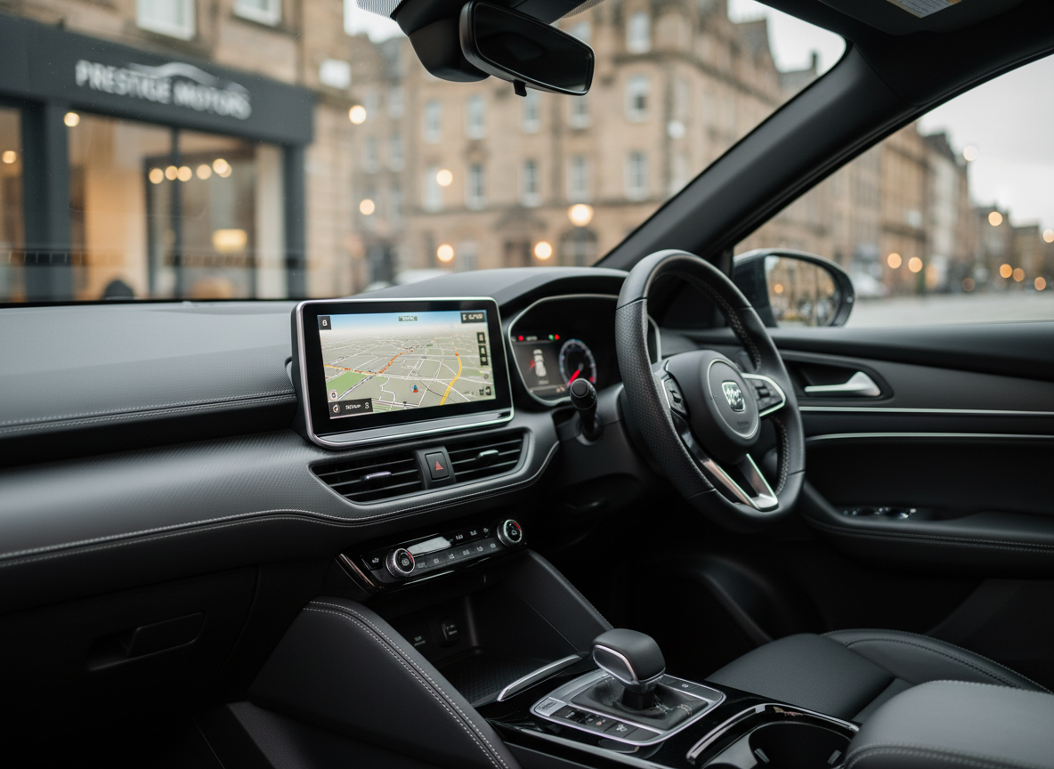 A close-up, detailed interior shot of a nearly-new vehicle showcasing a clean, modern dashboard with a central touchscreen, soft-touch black and dark grey materials, and precise stitching on the steering wheel and seats. The car is parked on a quiet Edinburgh street near the dealership, with the exterior cityscape rendered as a soft bokeh through the side window. Natural daylight from the windscreen and side windows provides soft, diffused illumination across the controls and textures. Photographic realism, captured from the front passenger side toward the driver’s area, with shallow depth of field for an intimate, professional feel that highlights quality and care in used vehicles.